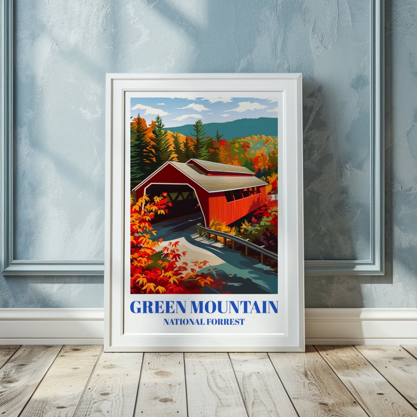 Green Mountain National Forest, Vermont Travel Poster, Red Covered Bridge