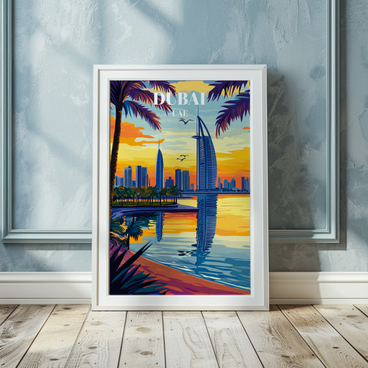 Dubai UAE Travel Poster, Iconic Burj Khalifa Art Print, Middle Eastern Wall Decor