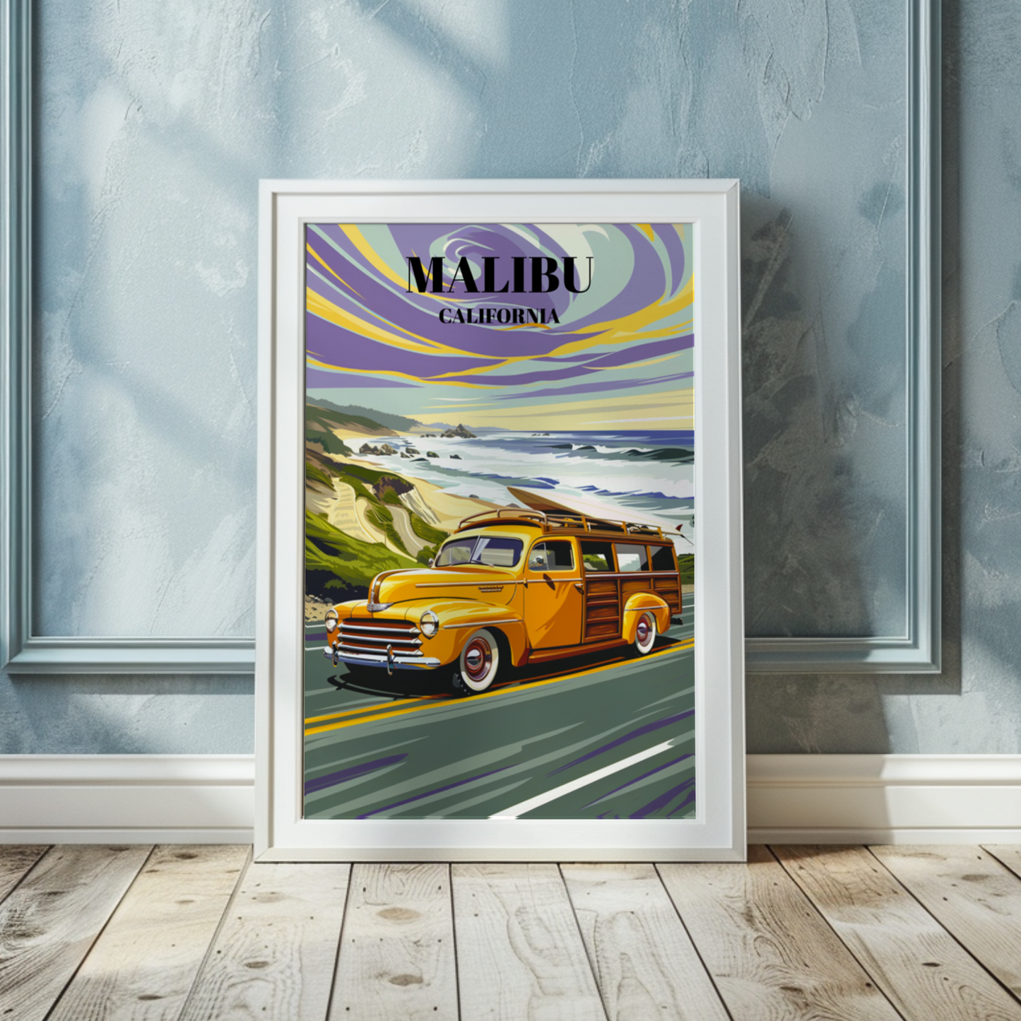 Malibu California Pacific Coast Highway Travel Poster, Beach Sunset Wall Art