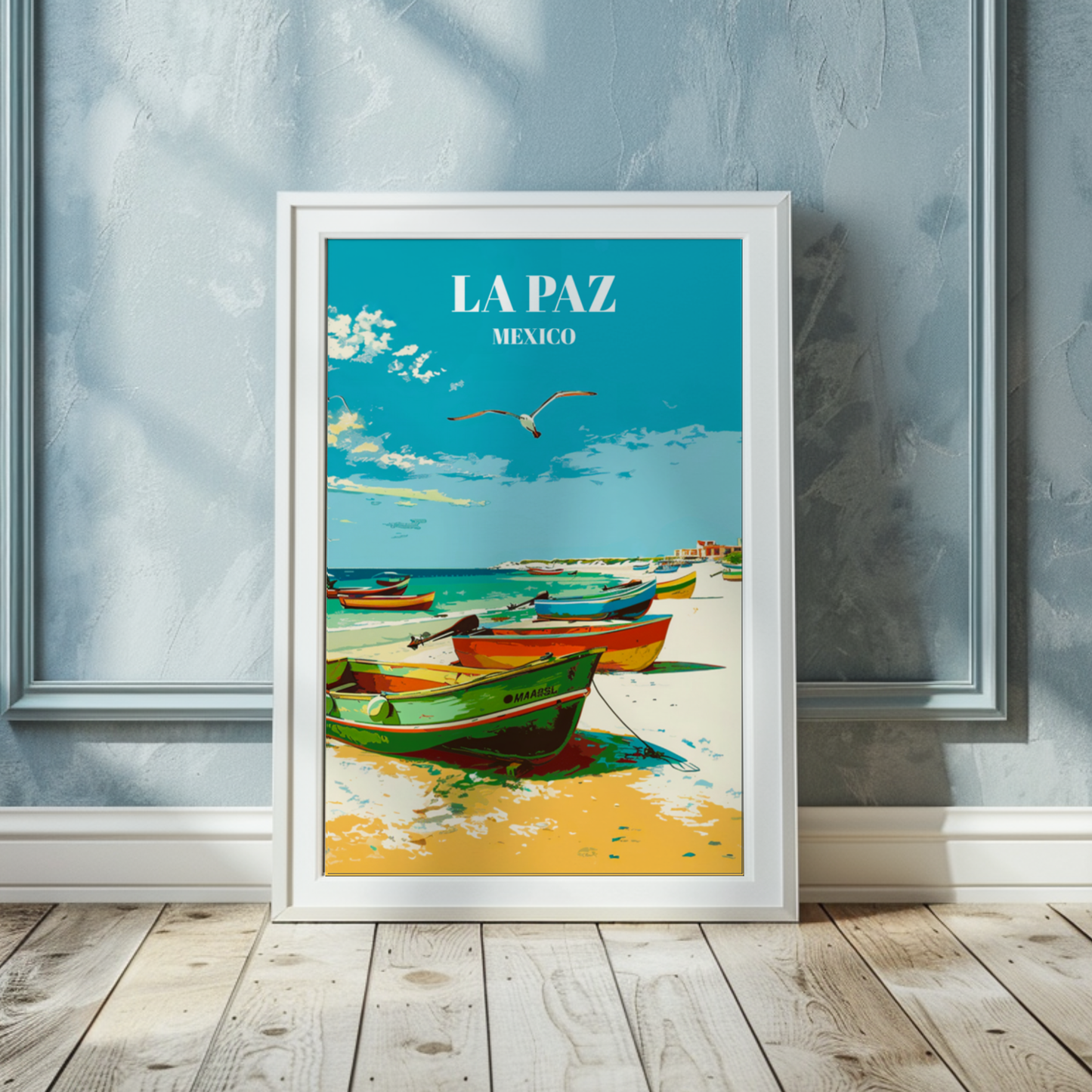 La Paz Mexico Travel Poster, Coastal Wall Art Print With Mexican Panga Fishing Boats