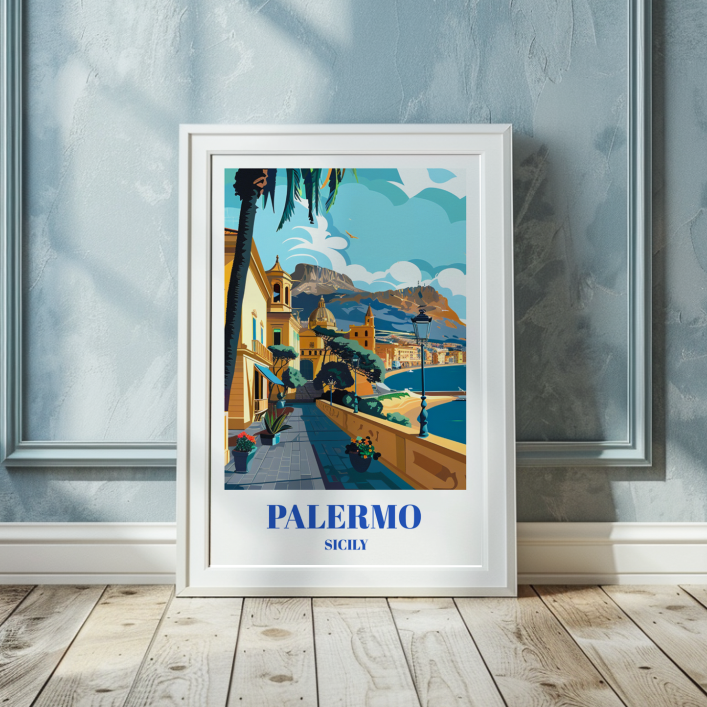 Palermo Sicily Travel Poster, Mediterranean Coastal Cityscape Wall Decor