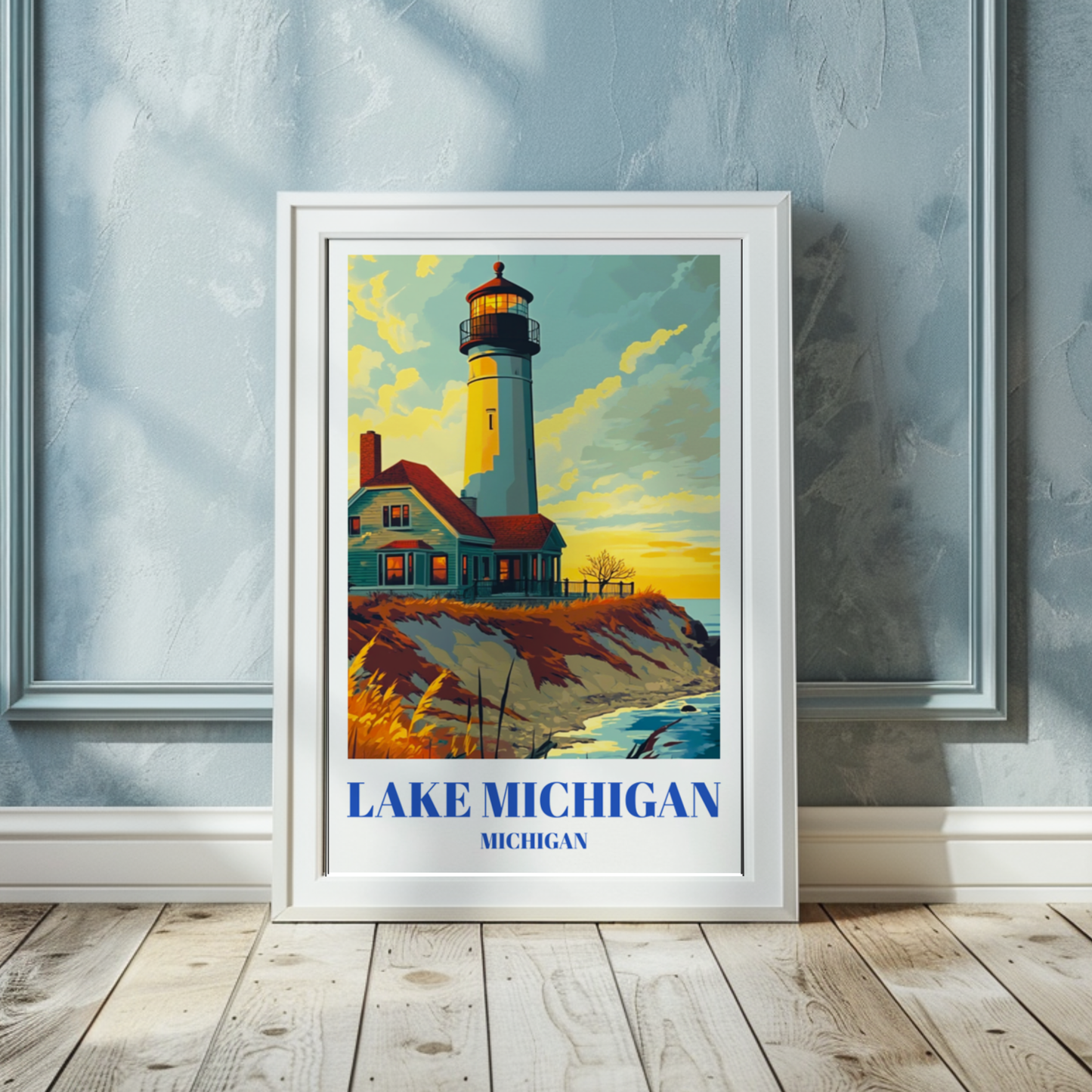 Lake Michigan Lighthouse Travel Poster, Nautical Art Print, Coastal Decor
