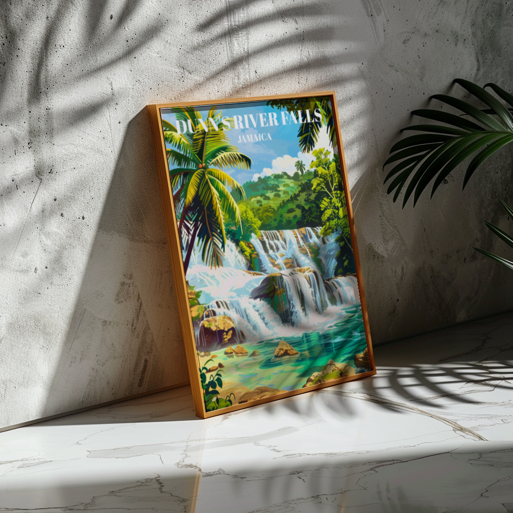 Dunn's River Falls Jamaica Travel Poster: Caribbean Waterfall Art