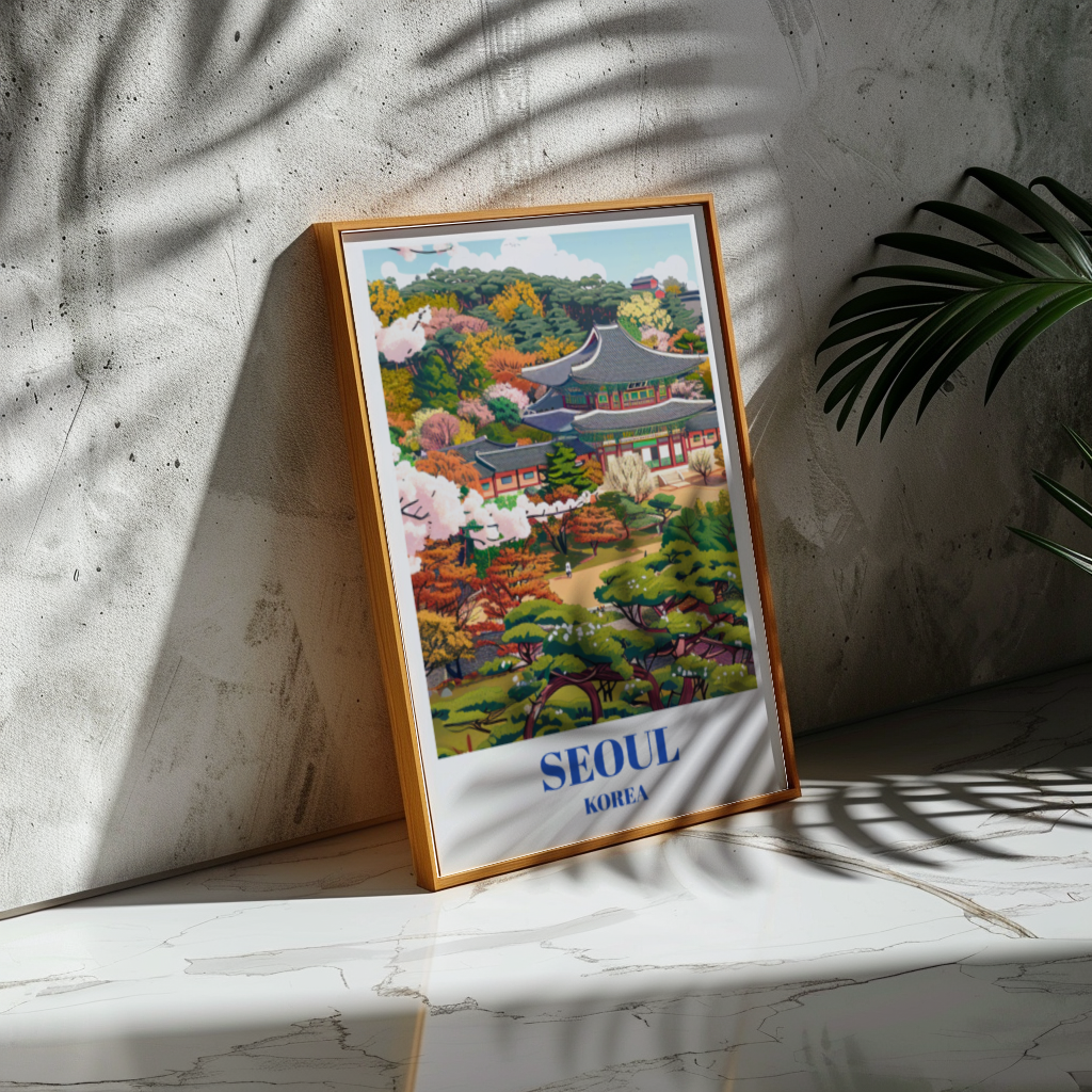 Travel Poster Changdeokgung Palace and Huwon Secret Garden in Seoul, South Korea.