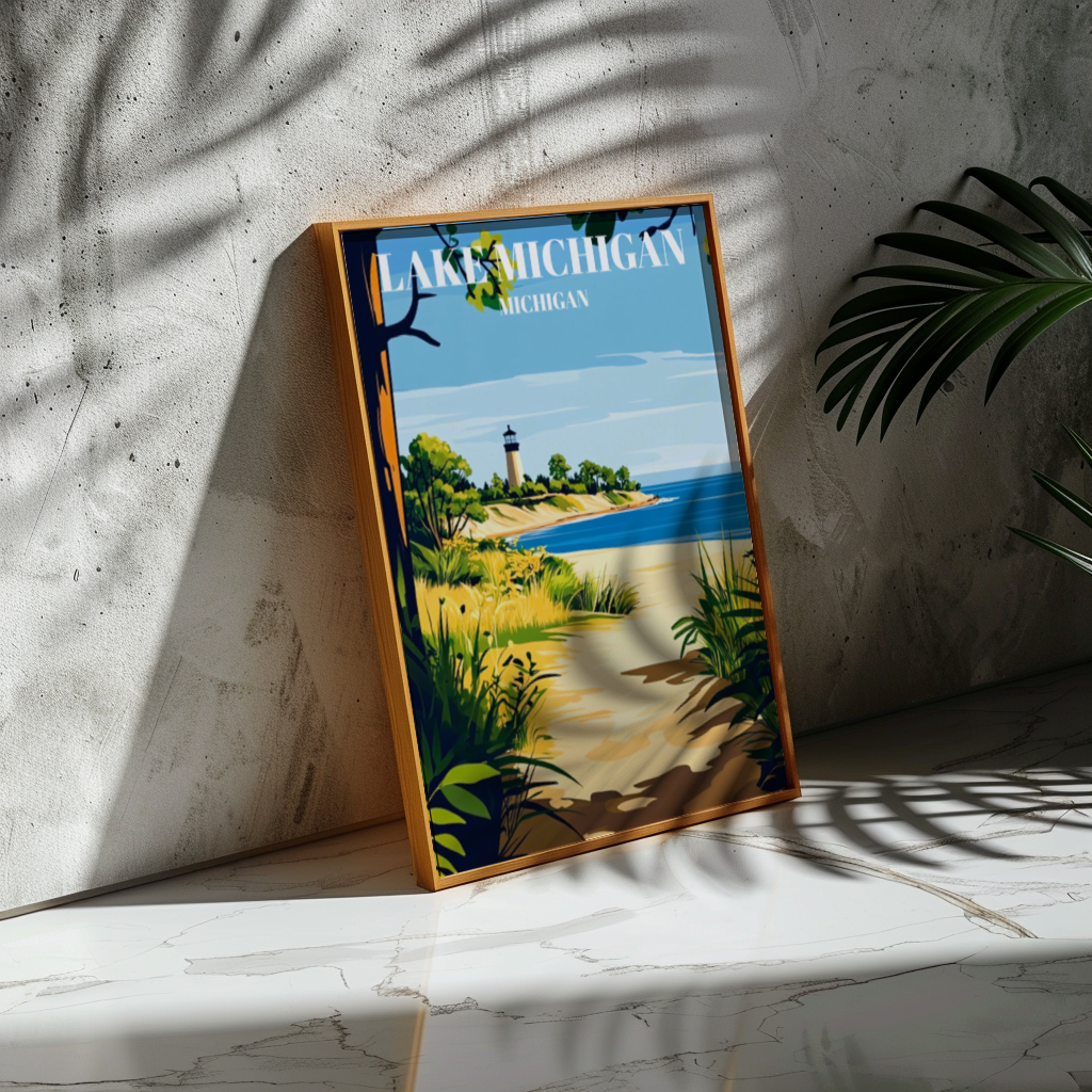 Lake Michigan Travel Poster, Great Lakes Wall Art Print, Coastal Home Decor,