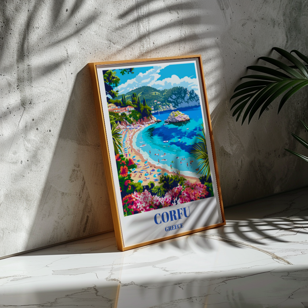 Corfu Greece Travel Poster, Greek Island Coastal Art Print, Mediterranean Wall Decor