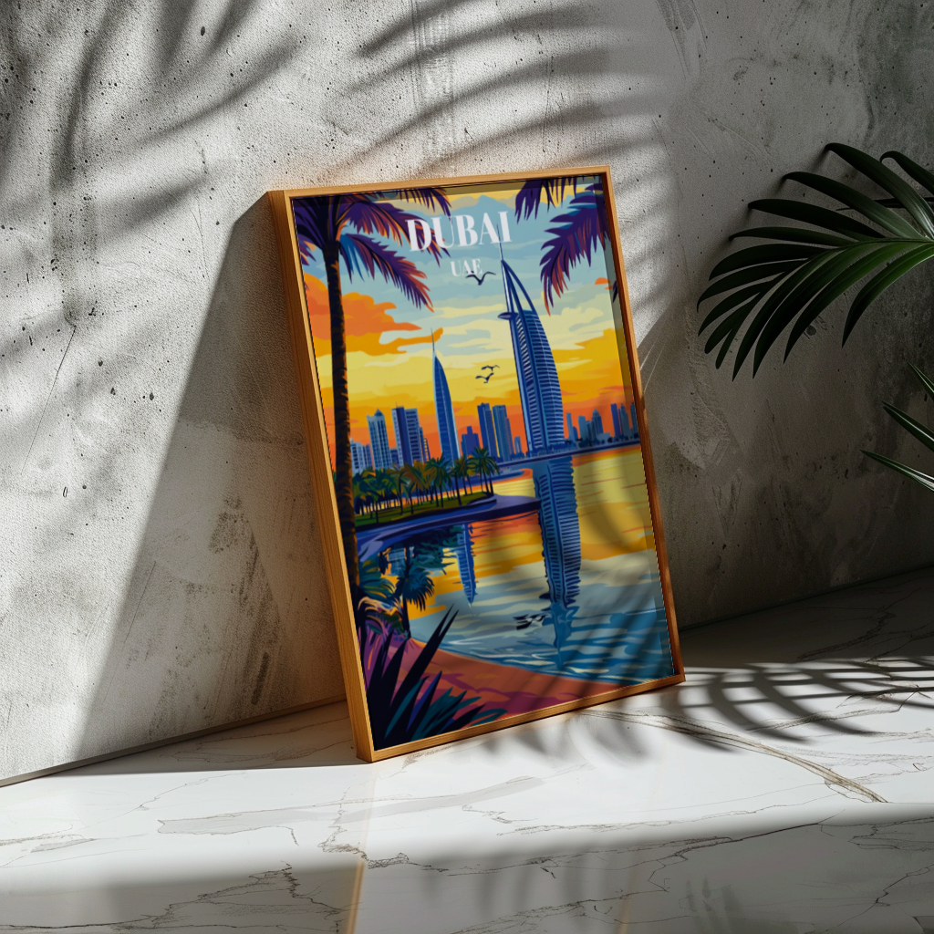 Dubai UAE Travel Poster, Iconic Burj Khalifa Art Print, Middle Eastern Wall Decor