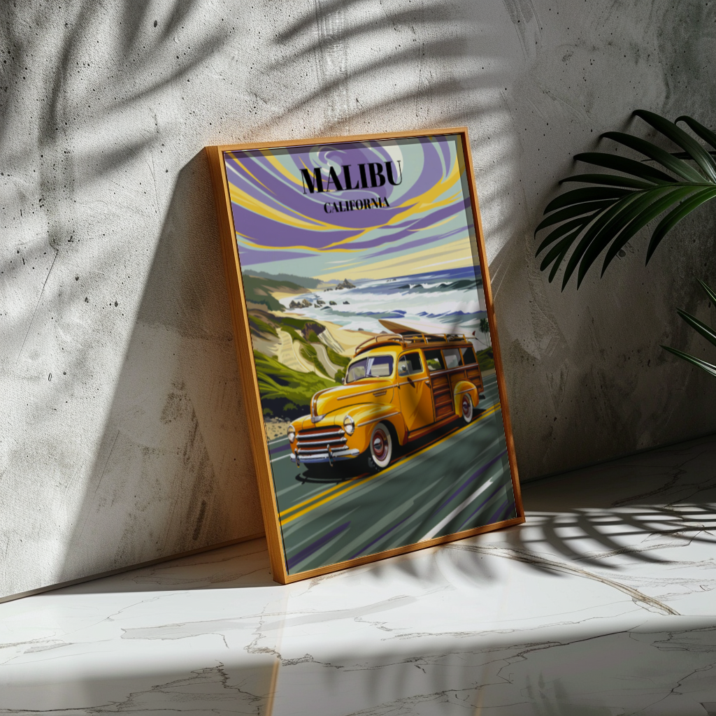 Malibu California Pacific Coast Highway Travel Poster, Beach Sunset Wall Art