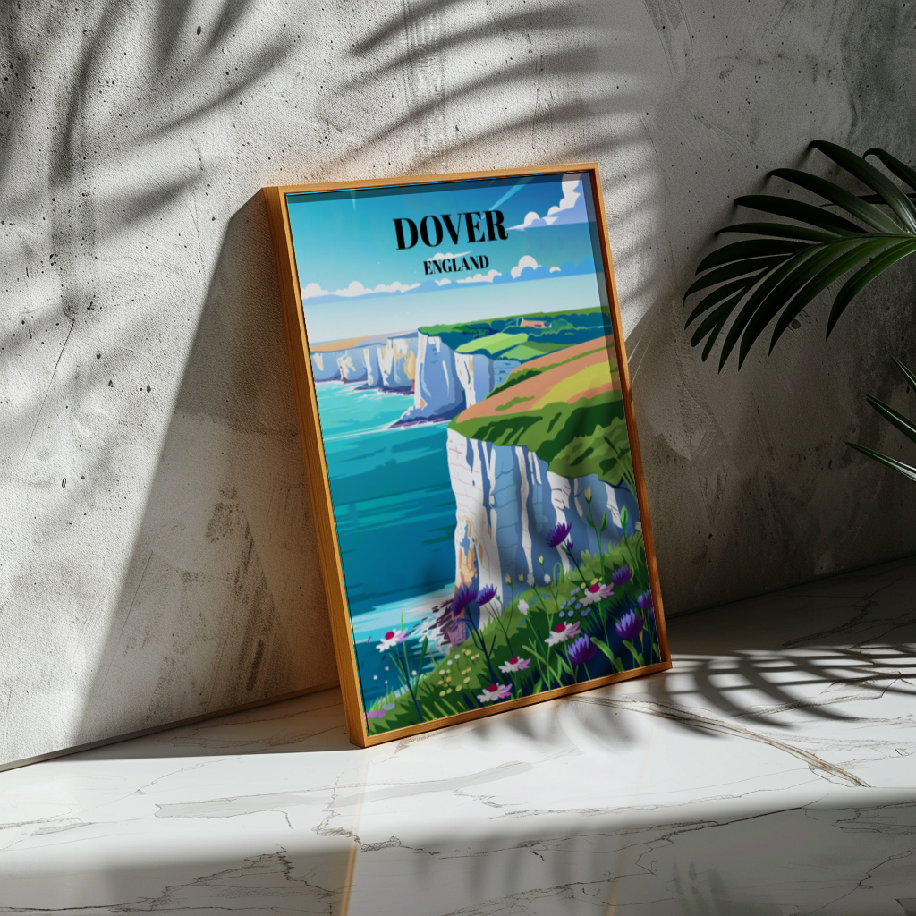Travel Poster: Majestic White Cliffs of Dover, England, Coastal Landscape Art Print