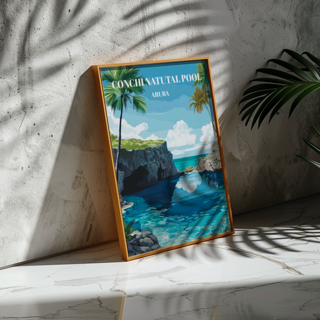 Conchi Natural Pool Aruba Travel Poster, Tropical Wall Art,