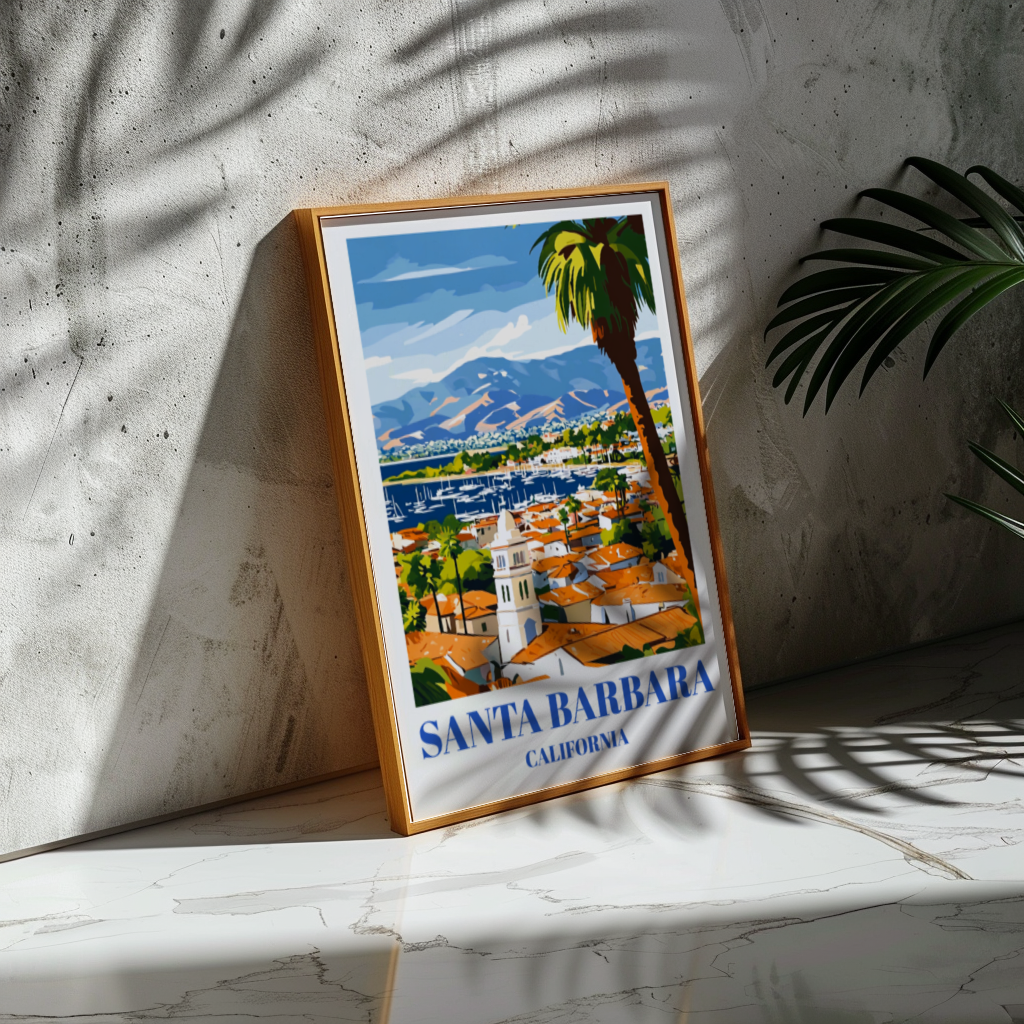 Santa Barbara Travel Poster - California Wall Art Print, Coastal Beach Decor, Scenic Pacific Ocean View, Santa Barbara Skyline Print,