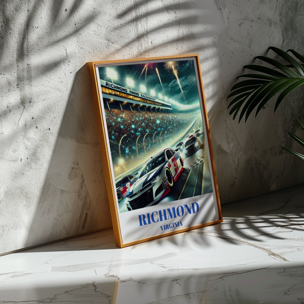 Richmond Virginia Speedway Travel Poster, Stock Car Track Wall Art Print, Night Race Illustration, High-Speed Motorsport Racing Artwork