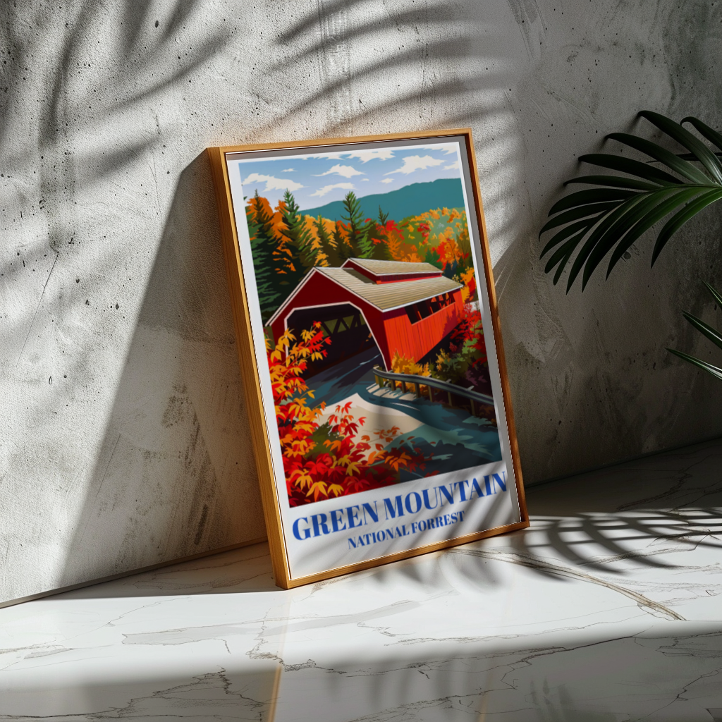 Green Mountain National Forest, Vermont Travel Poster, Red Covered Bridge