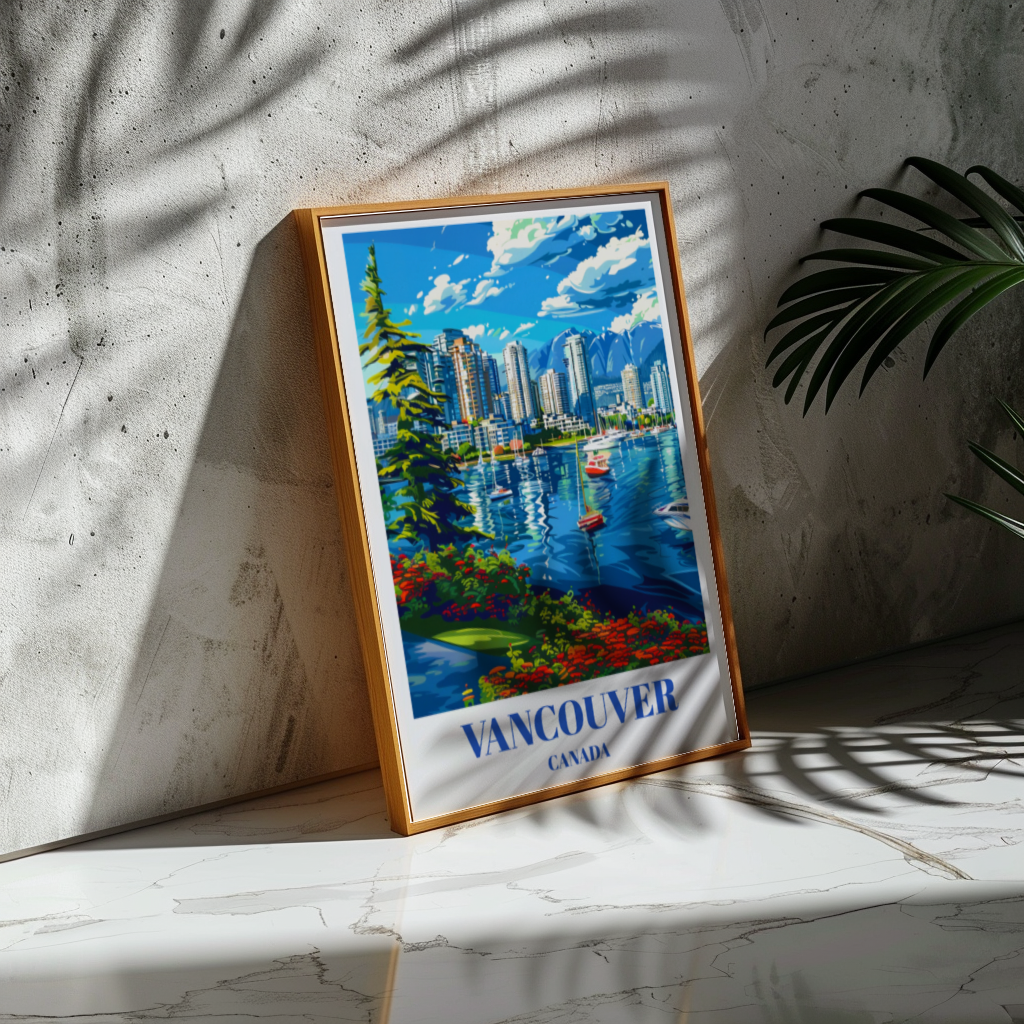Coal Harbor Vancouver Canada Travel Poster, City Skyline Art Print,