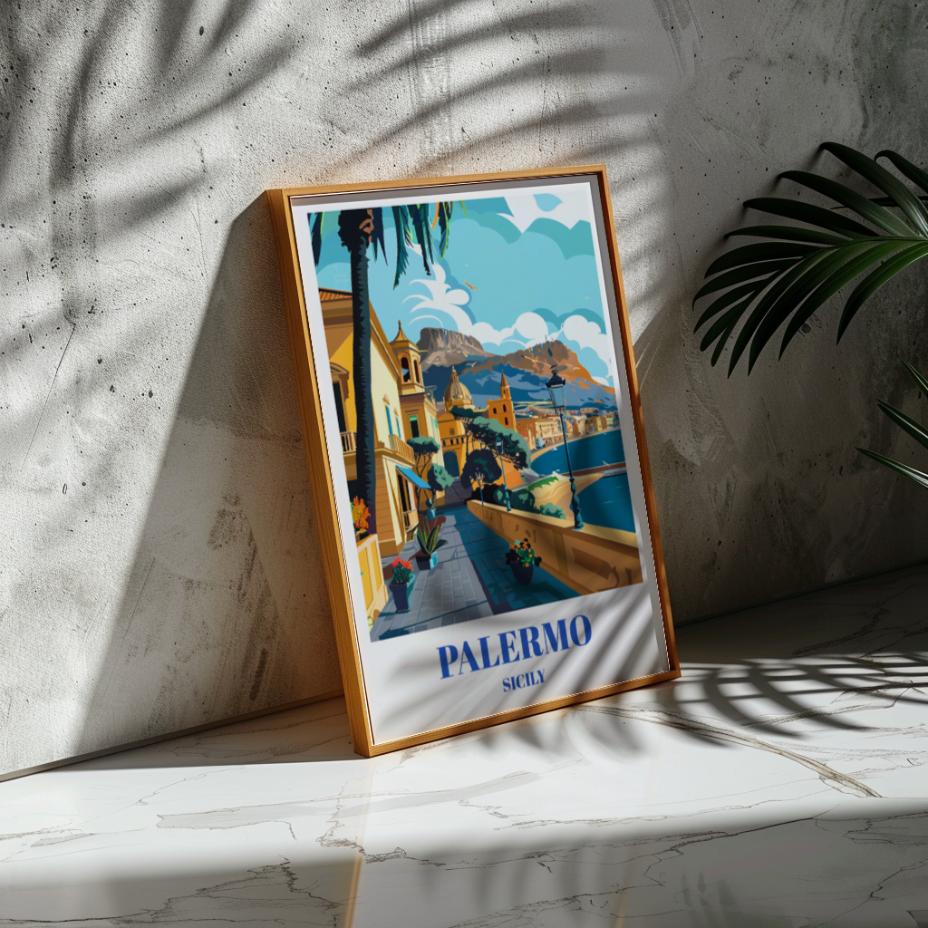 Palermo Sicily Travel Poster, Mediterranean Coastal Cityscape Wall Decor