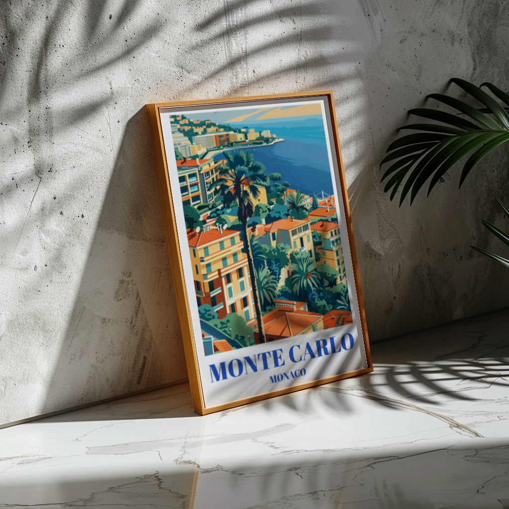 Monaco Travel Poster, Monte Carlo Skyline Art Print, French Riviera Wall Decor