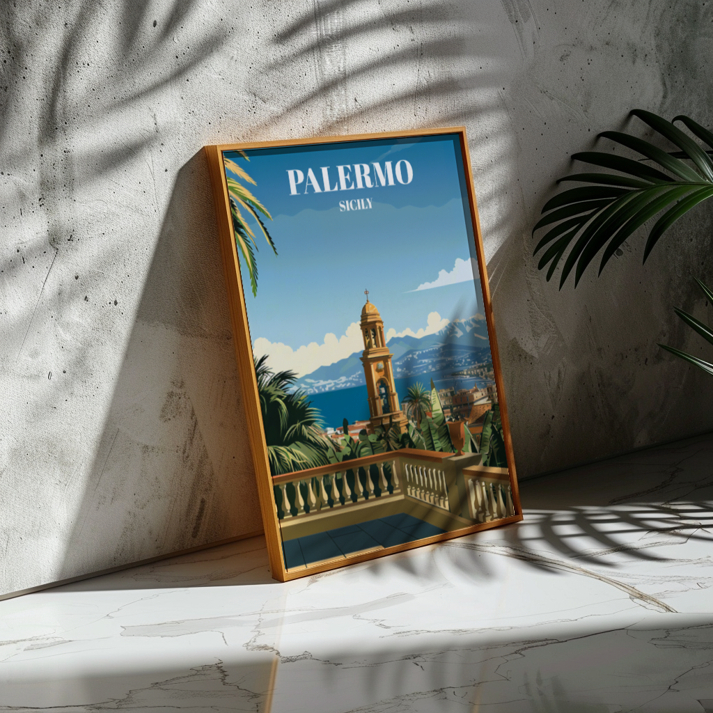 Palermo Sicily Travel Poster, Mediterranean Coastal Cityscape Art Print