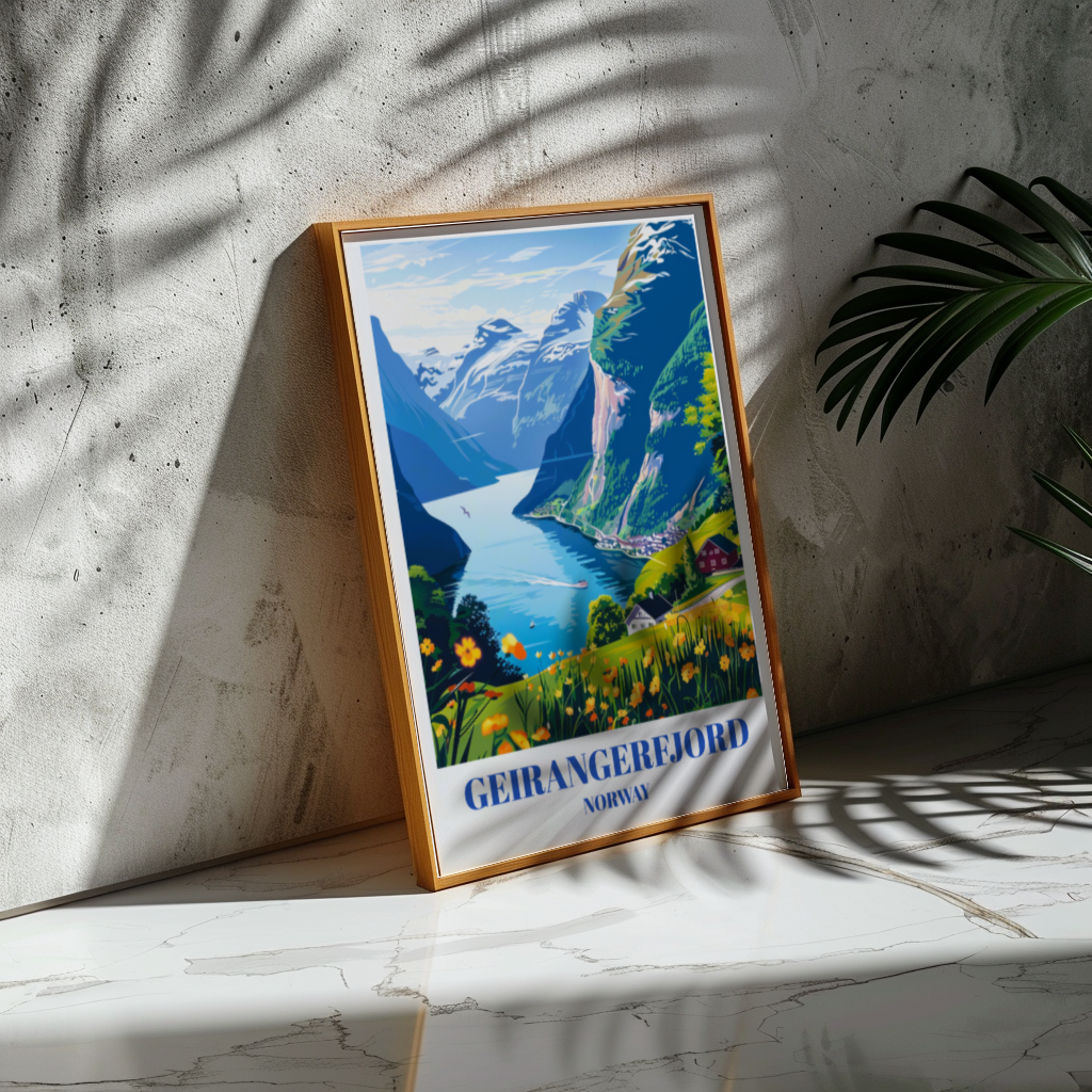 Geirangerfjord Norway Travel Poster, Stunning Scandinavian Landscape