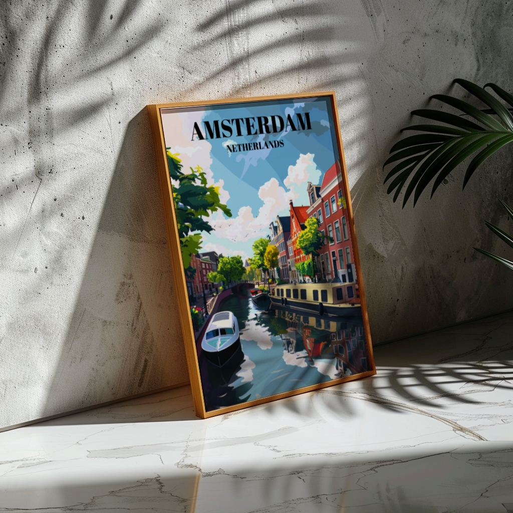 Jordaan & Amsterdam Canals Netherlands Travel Poster, Dutch Cityscape Wall Art Print