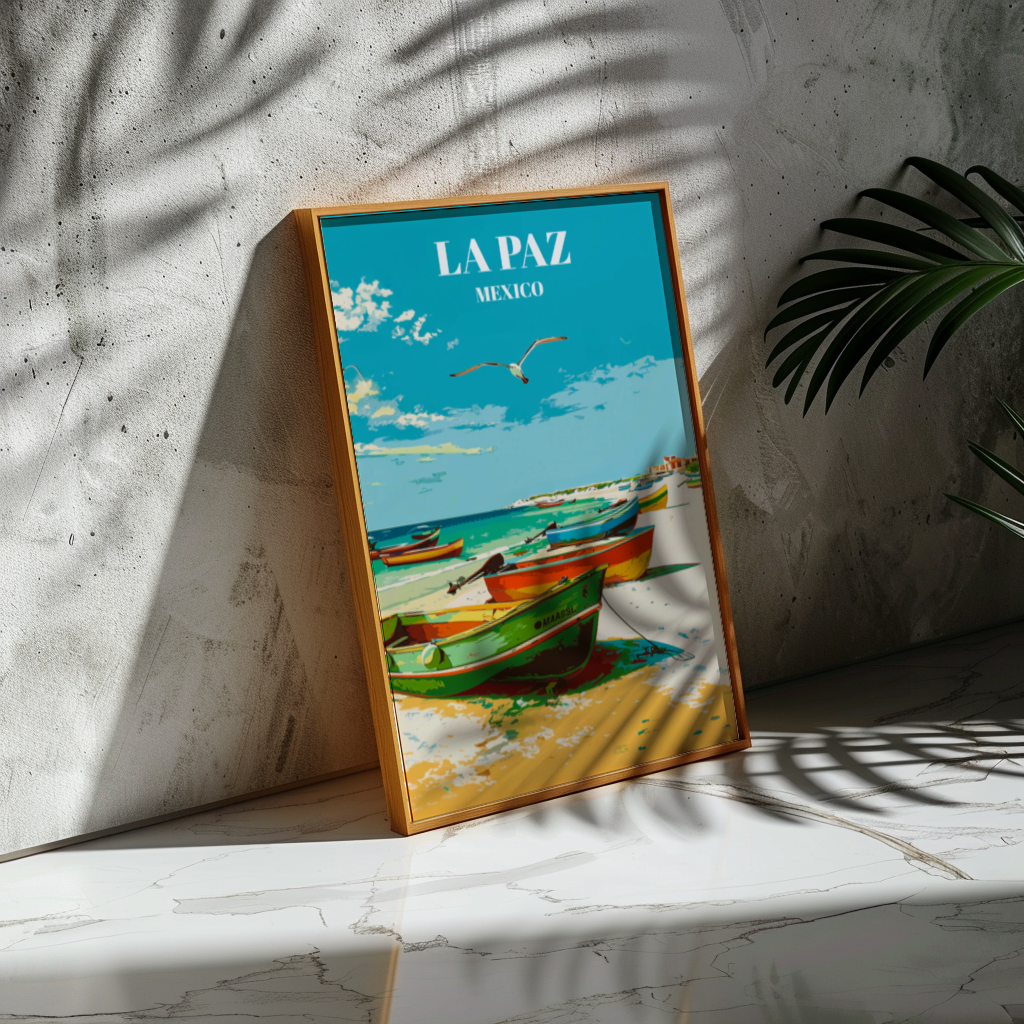 La Paz Mexico Travel Poster, Coastal Wall Art Print With Mexican Panga Fishing Boats