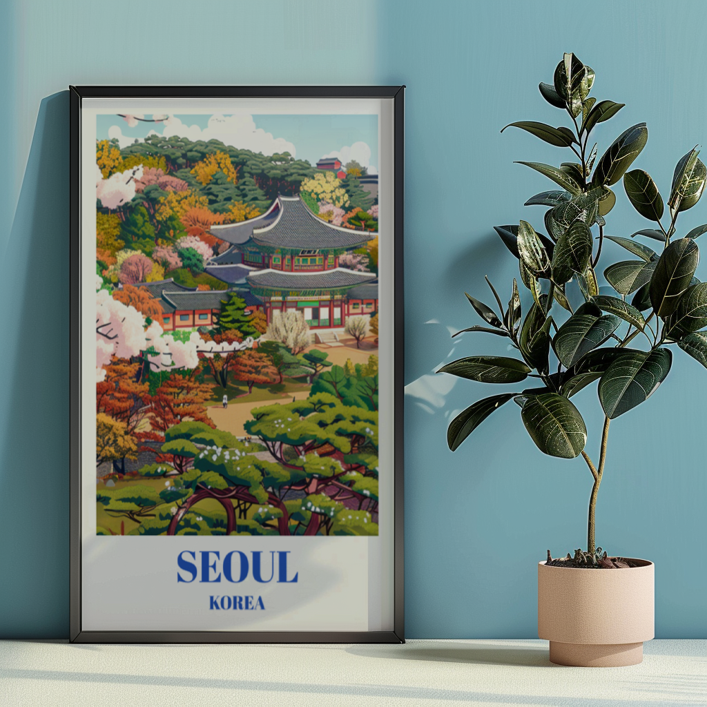 Travel Poster Changdeokgung Palace and Huwon Secret Garden in Seoul, South Korea.