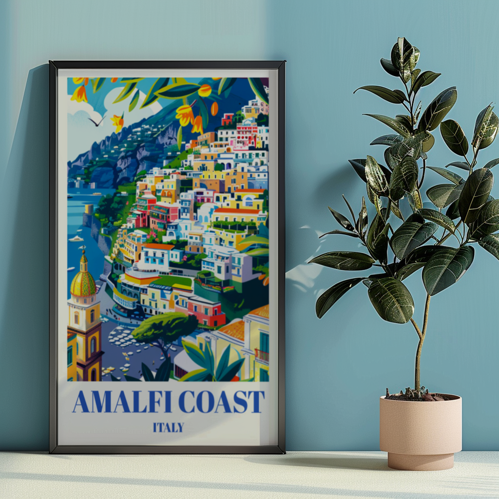 Amalfi Coast Italy Travel Poster, Coastal Landscape Wall Art
