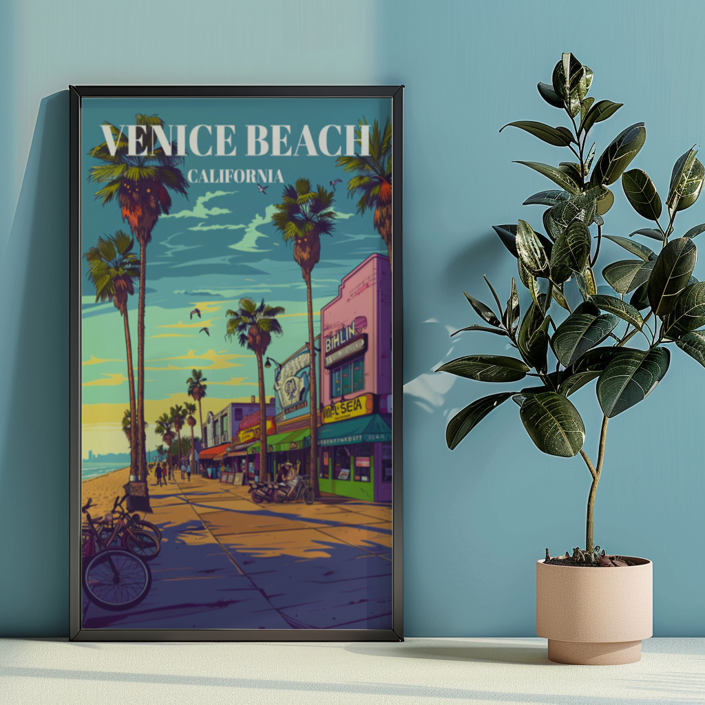 Venice Beach Travel Poster, Retro California Wall Art Print