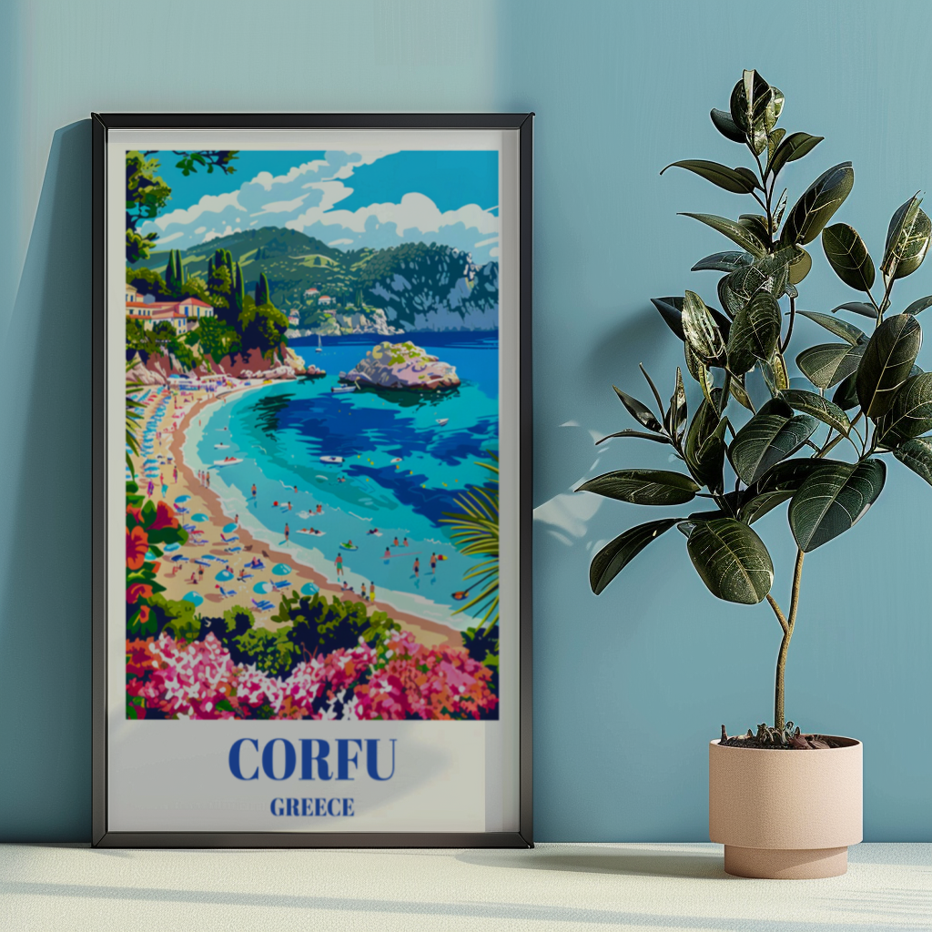 Corfu Greece Travel Poster, Greek Island Coastal Art Print, Mediterranean Wall Decor
