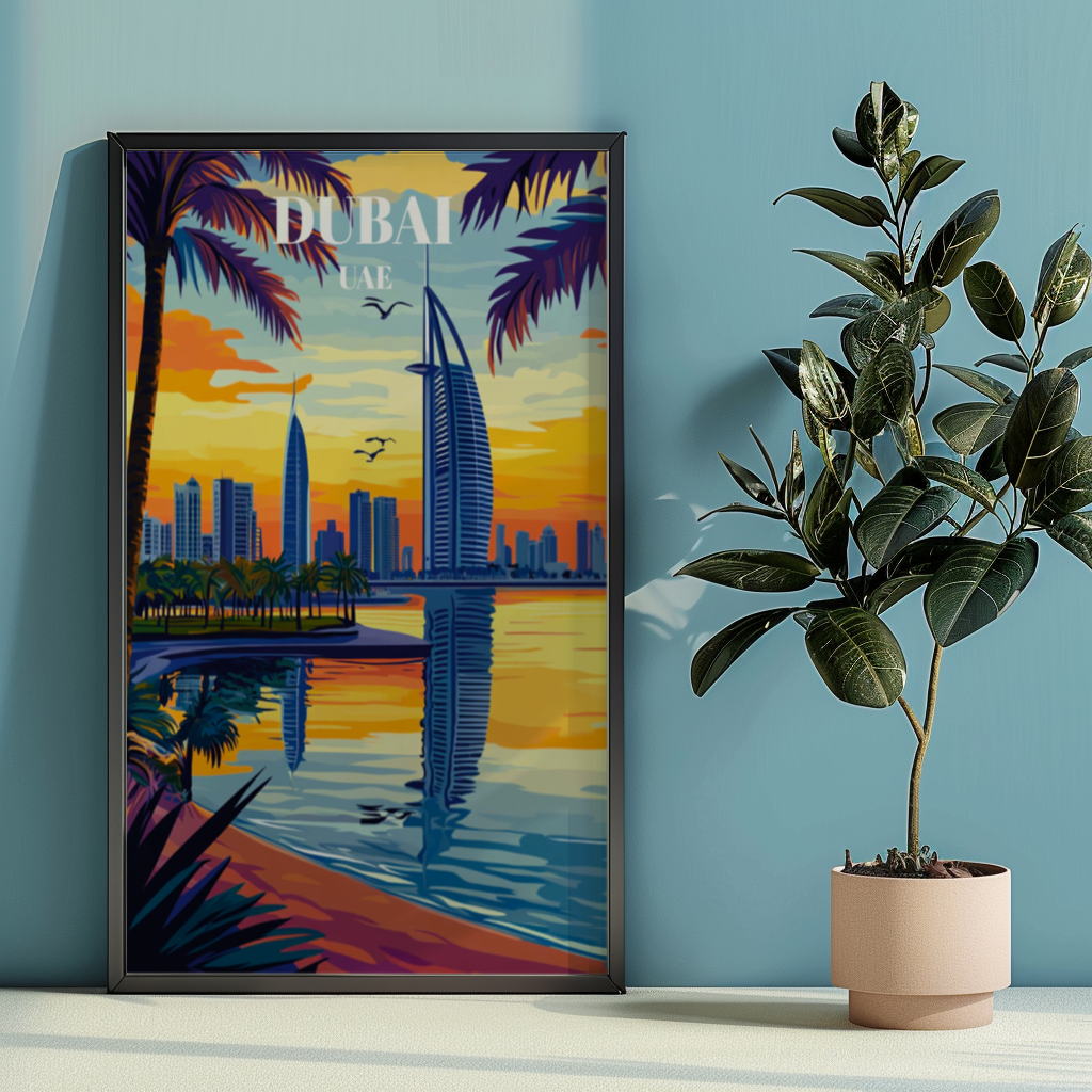 Dubai UAE Travel Poster, Iconic Burj Khalifa Art Print, Middle Eastern Wall Decor