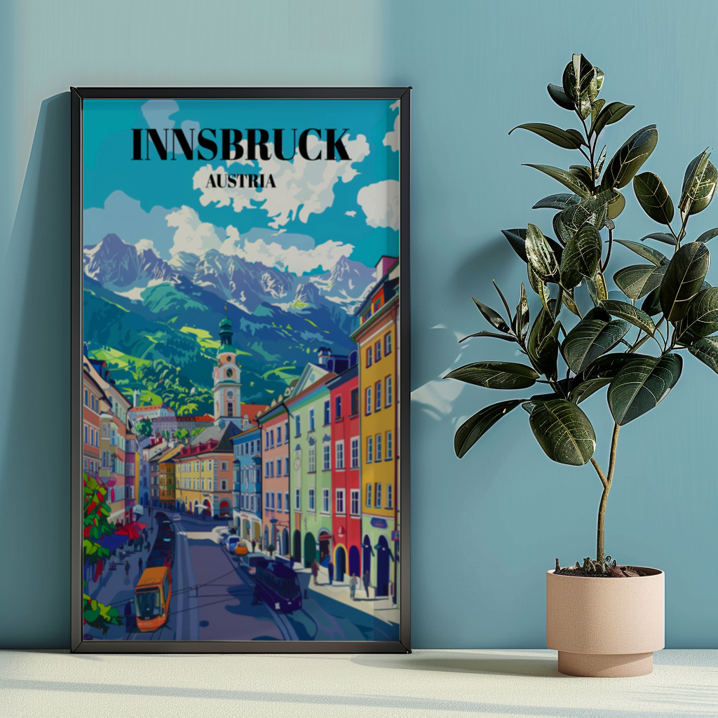 Innsbruck, Austria Travel Poster: Alpine Landscapes, Historic Architecture