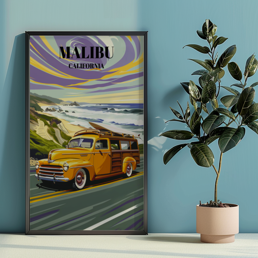 Malibu California Pacific Coast Highway Travel Poster, Beach Sunset Wall Art