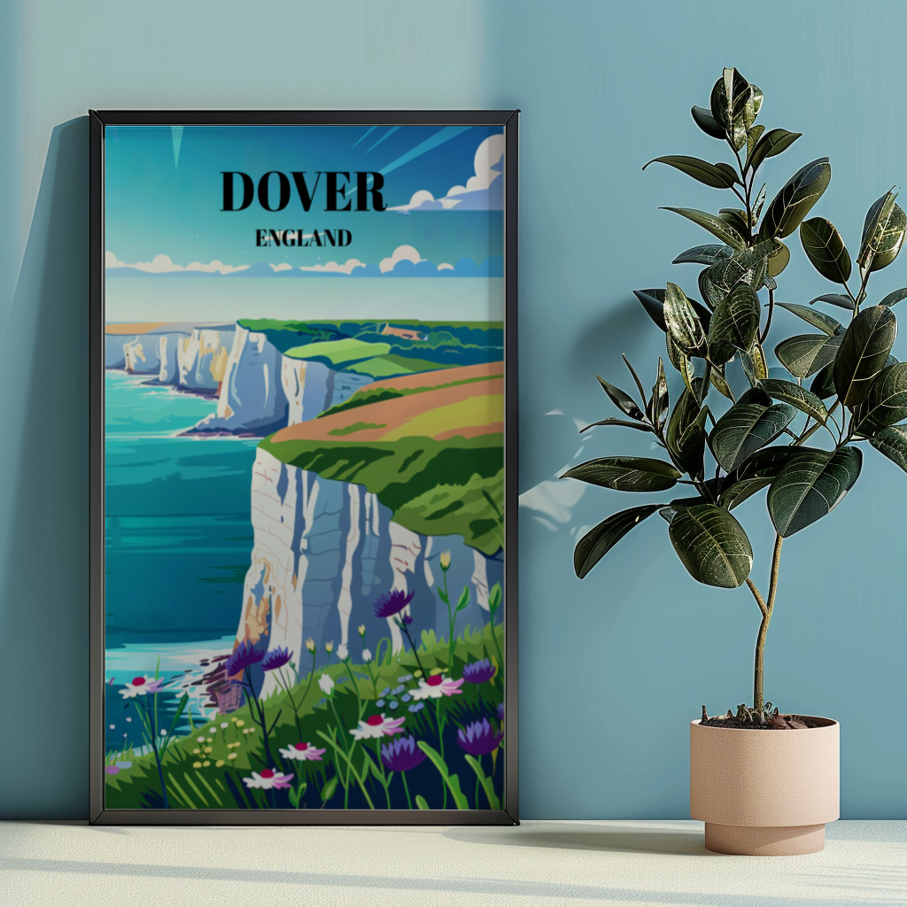 Travel Poster: Majestic White Cliffs of Dover, England, Coastal Landscape Art Print