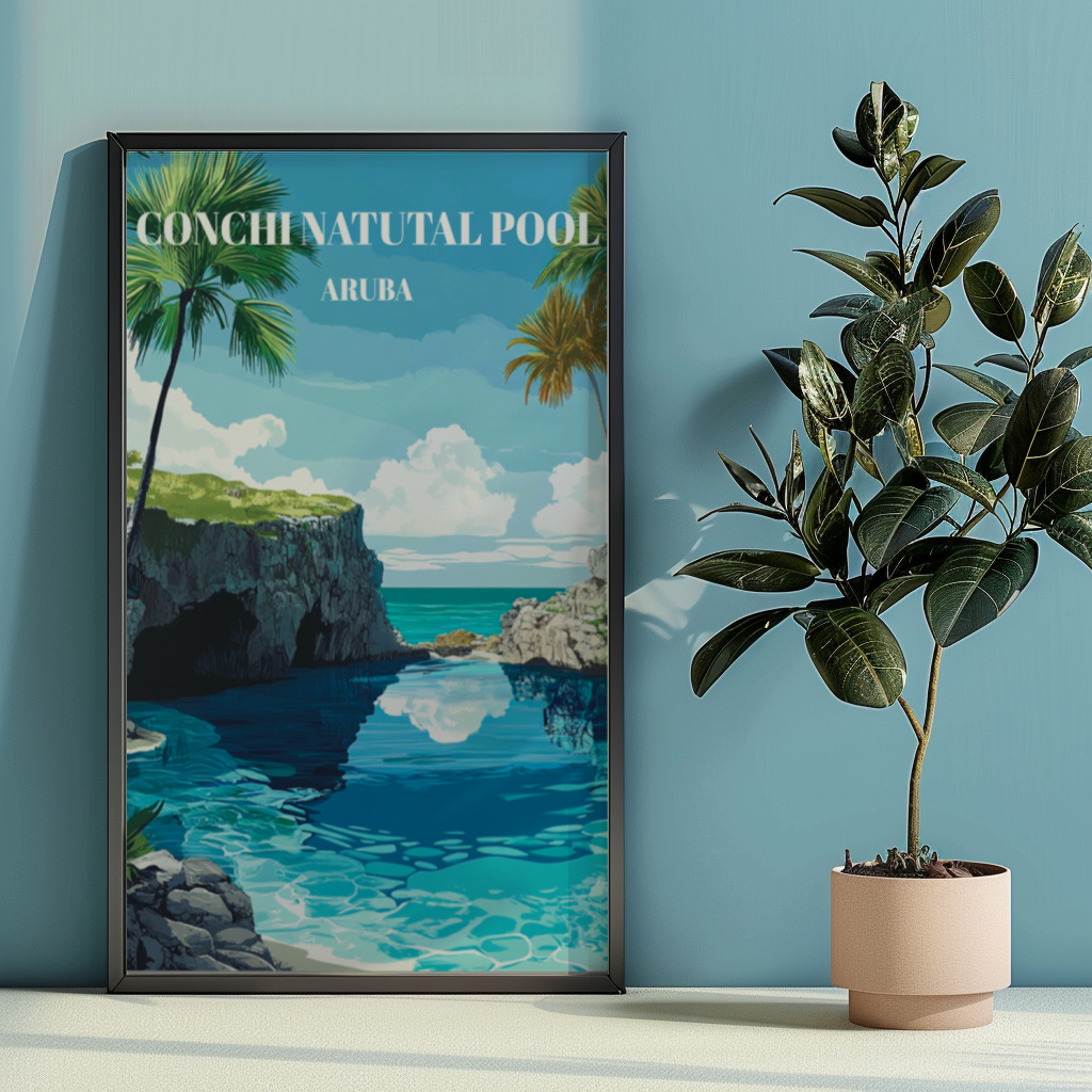 Conchi Natural Pool Aruba Travel Poster, Tropical Wall Art,