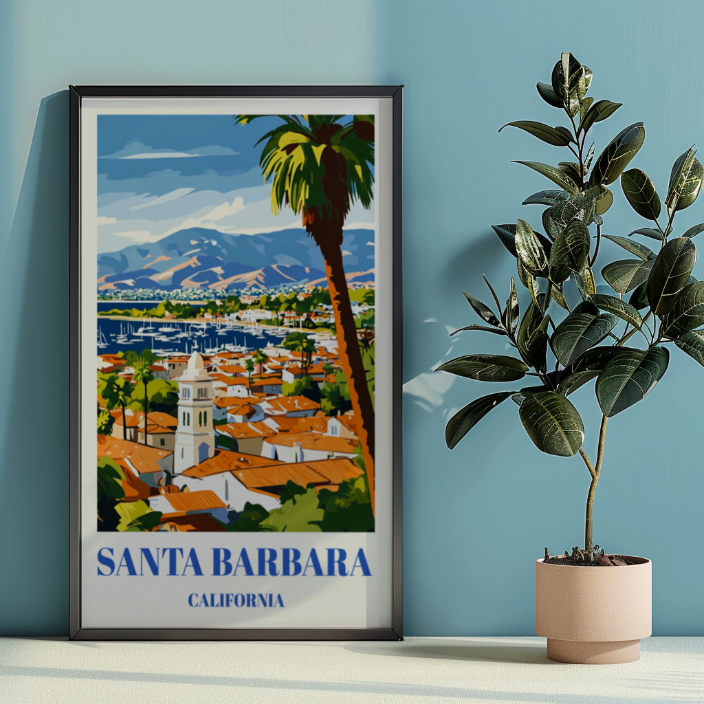 Santa Barbara Travel Poster - California Wall Art Print, Coastal Beach Decor, Scenic Pacific Ocean View, Santa Barbara Skyline Print,