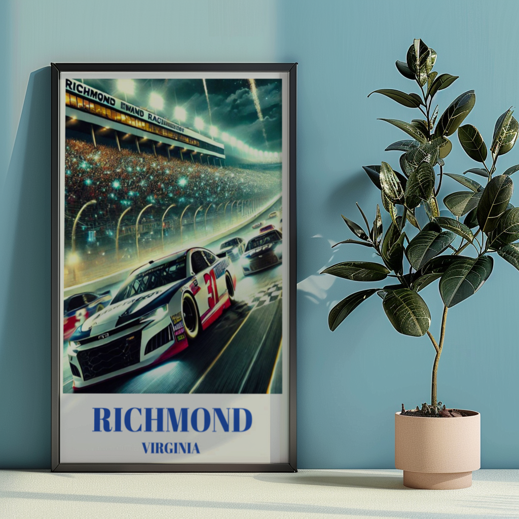 Richmond Virginia Speedway Travel Poster, Stock Car Track Wall Art Print, Night Race Illustration, High-Speed Motorsport Racing Artwork