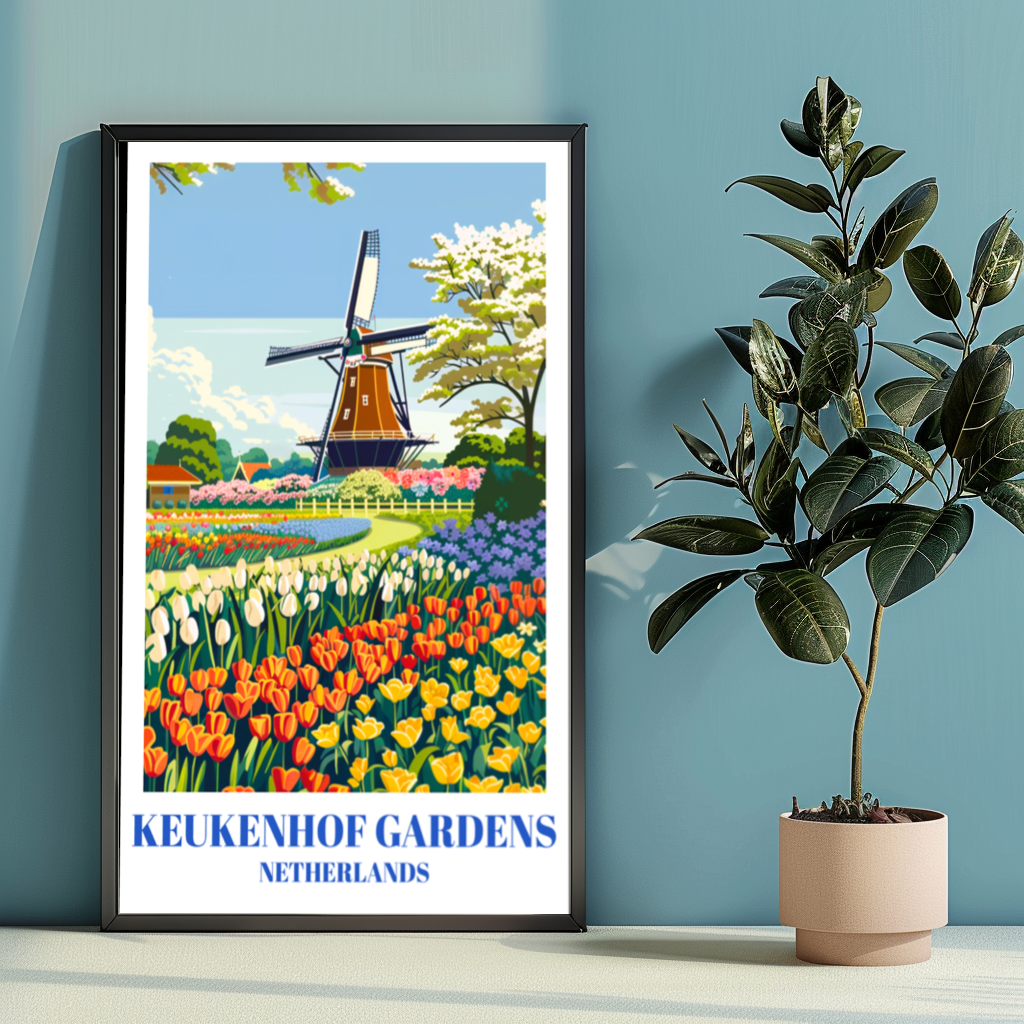 Keukenhof Gardens Netherlands Travel Poster, Dutch Tulip Fields