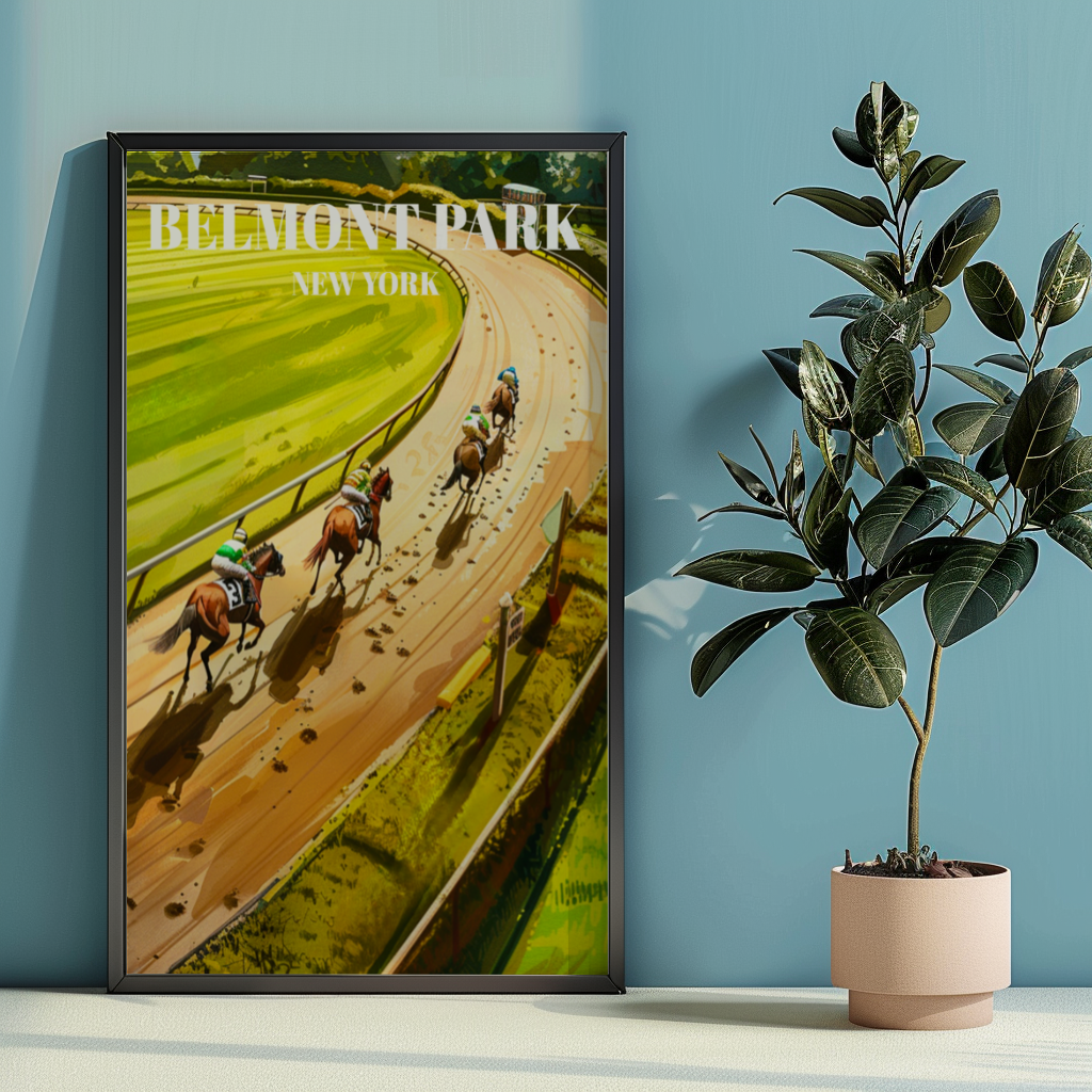Belmont Park Racetrack Travel Poster, New York Horse Racing Art Print