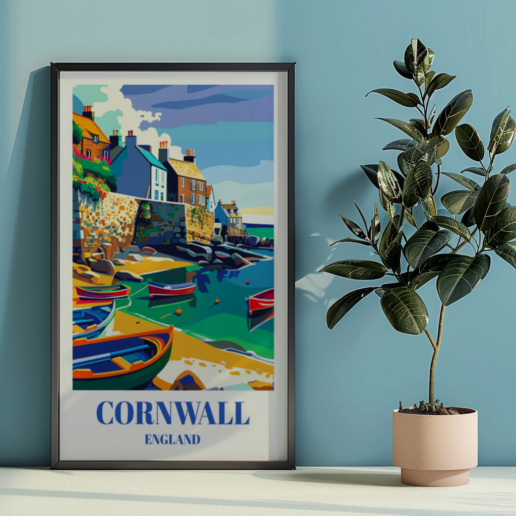 Travel Poster of Mousehole Fishing Village, Cornwall, England, Coastal Wall Art, Home Decor, Scenic Seaside Print, Historic UK Coastal Town