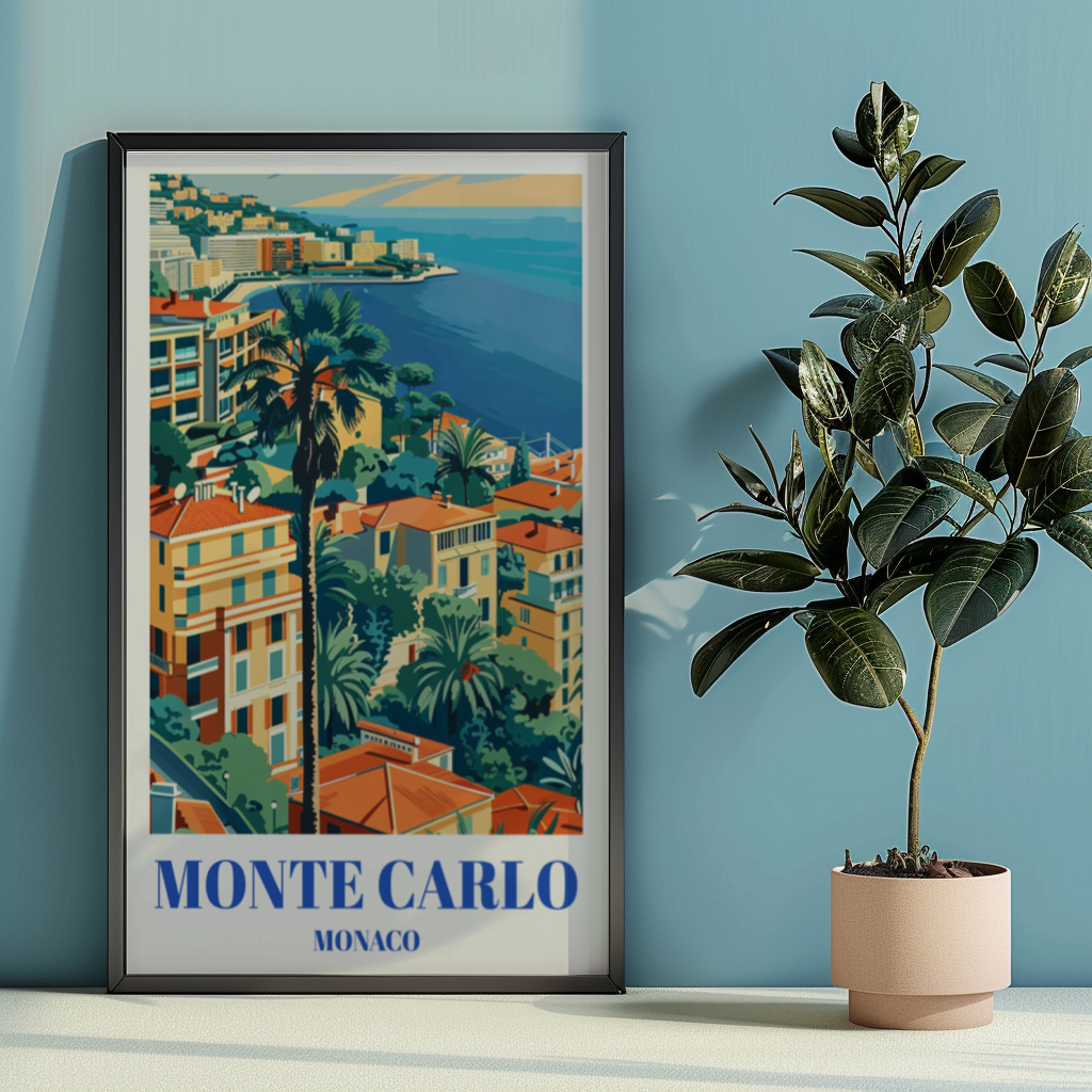 Monaco Travel Poster, Monte Carlo Skyline Art Print, French Riviera Wall Decor
