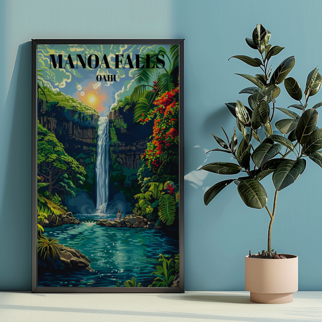 Manoa Falls Travel Poster, Stunning Honolulu Hawaii Waterfall Print
