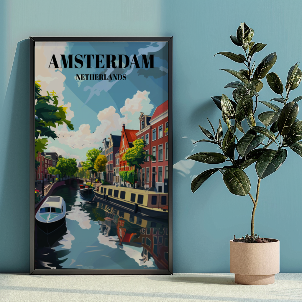 Jordaan & Amsterdam Canals Netherlands Travel Poster, Dutch Cityscape Wall Art Print