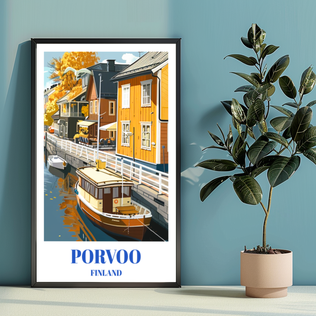Porvoo, Finland, Charming Travel Poster Featuring Old Town and Cobblestone Streets,