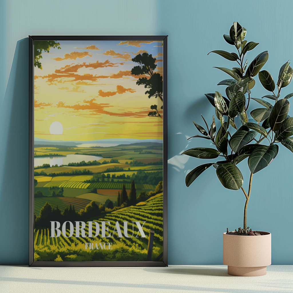 Bordeaux Wine Region Travel Poster, France Vineyard Wall Art Print