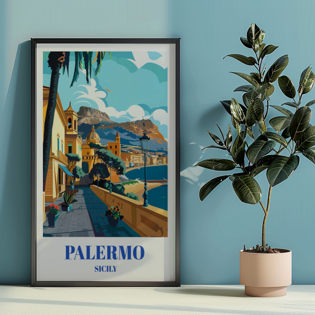 Palermo Sicily Travel Poster, Mediterranean Coastal Cityscape Wall Decor