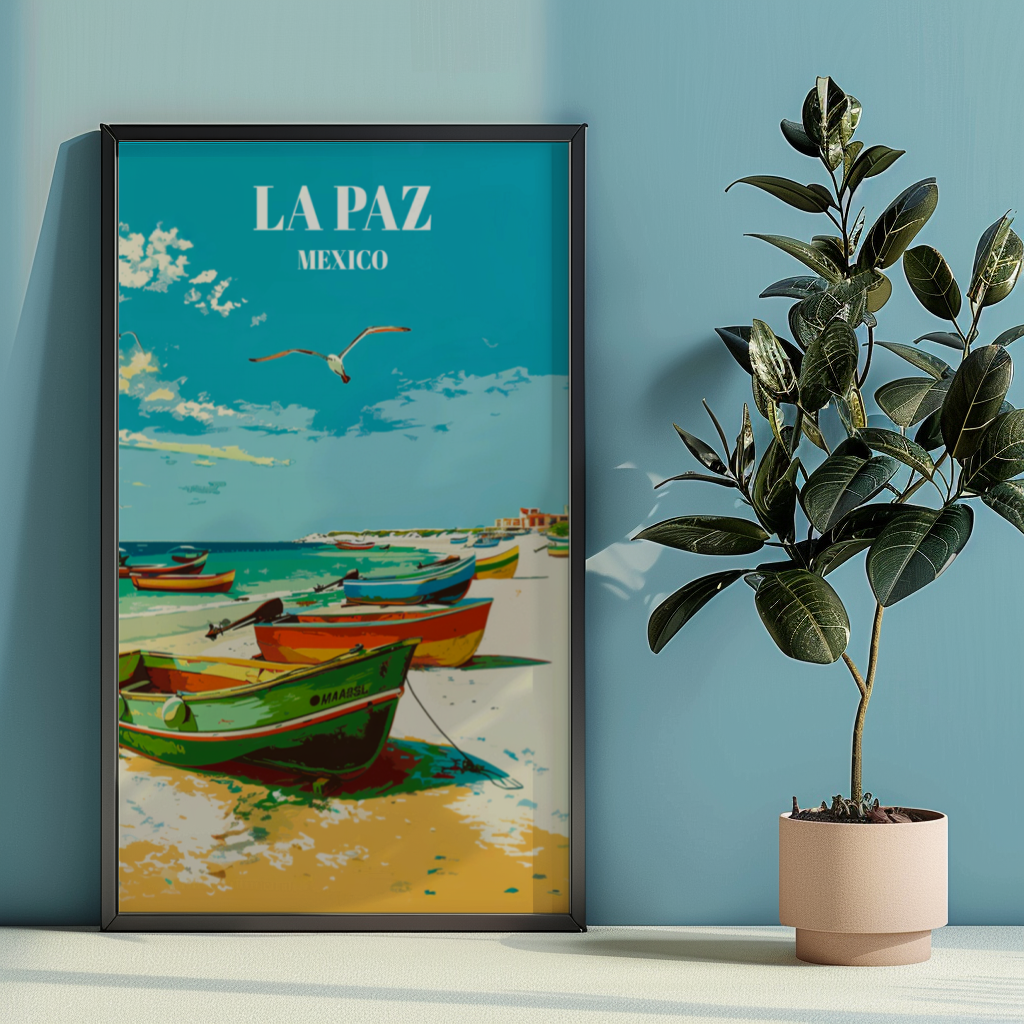 La Paz Mexico Travel Poster, Coastal Wall Art Print With Mexican Panga Fishing Boats