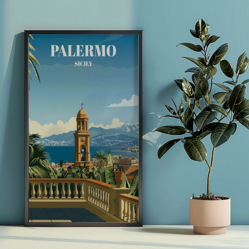Palermo Sicily Travel Poster, Mediterranean Coastal Cityscape Art Print