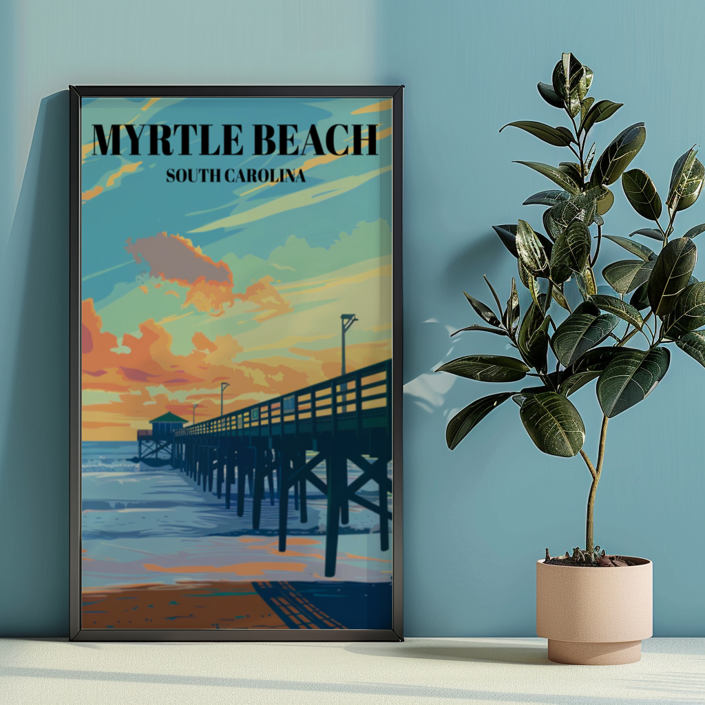 Myrtle Beach State Park Pier Travel Poster, Coastal Wall Art Print
