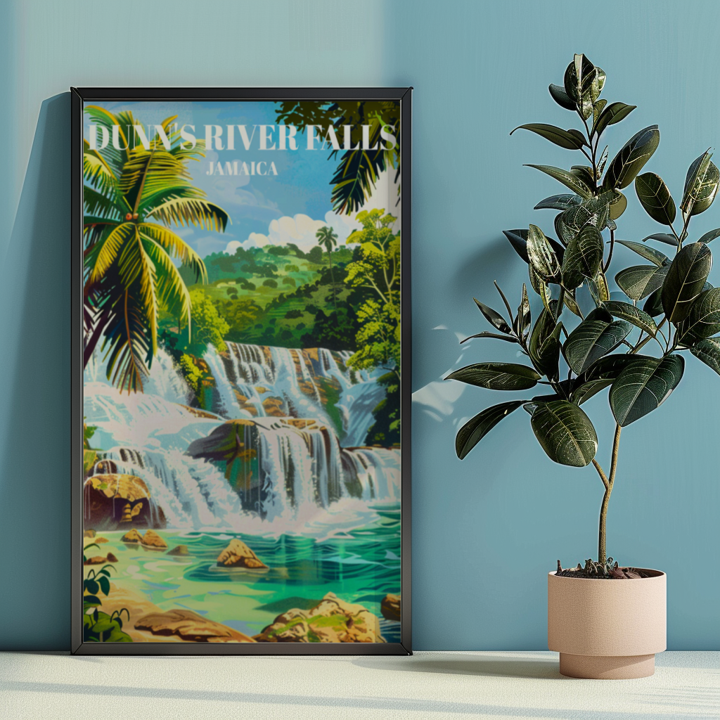 Dunn's River Falls Jamaica Travel Poster: Caribbean Waterfall Art