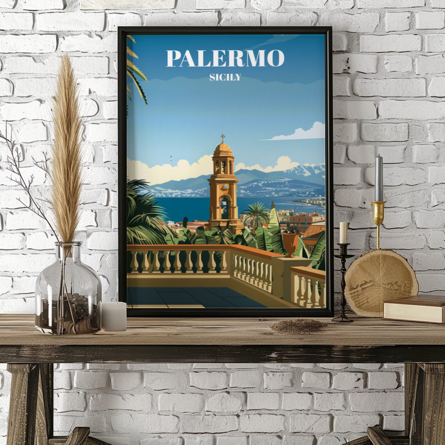 Palermo Sicily Travel Poster, Mediterranean Coastal Cityscape Art Print
