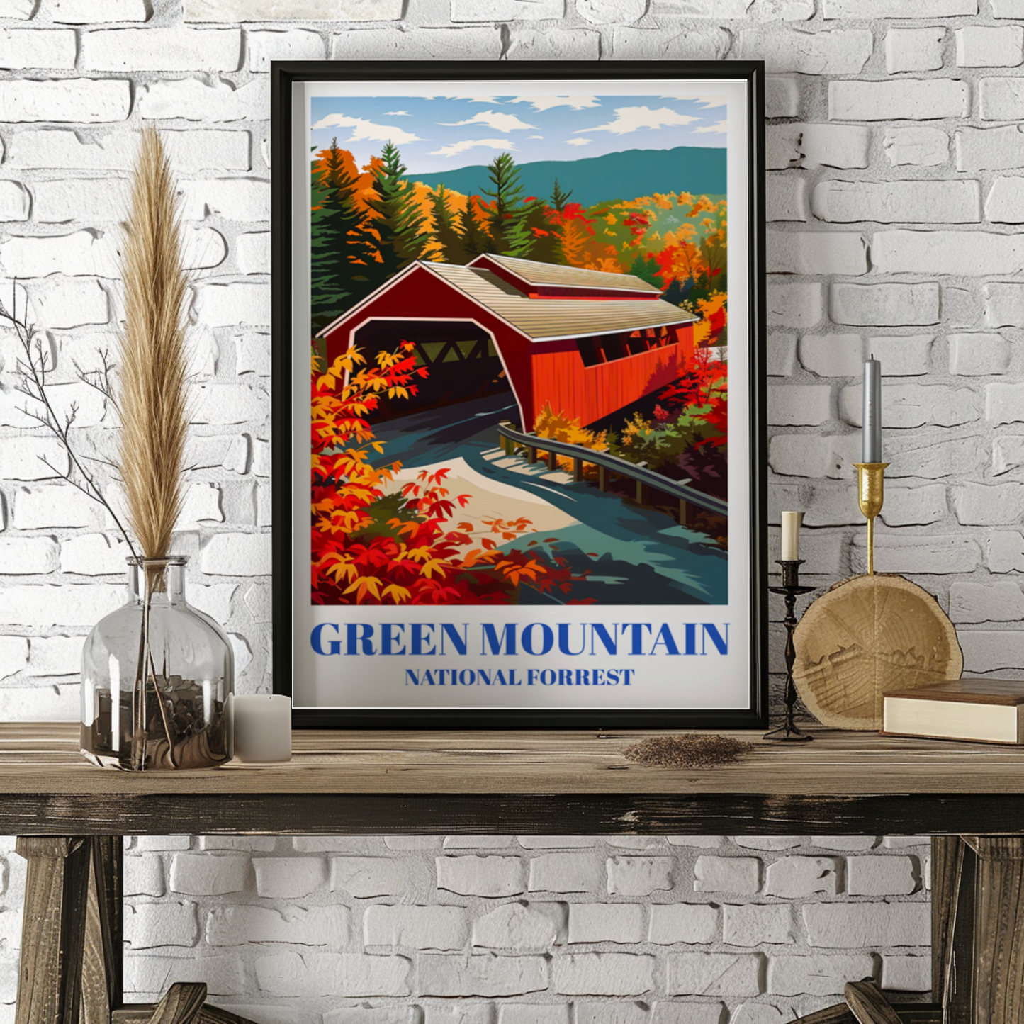 Green Mountain National Forest, Vermont Travel Poster, Red Covered Bridge